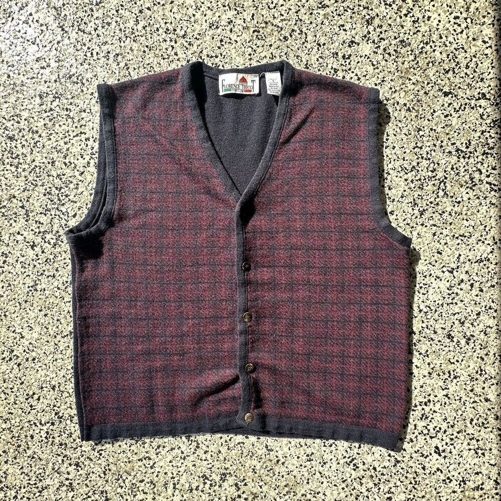 Vintage Florence Tricot Cardigan Sweater Vest Mens L Acrylic Wool Made in Italy